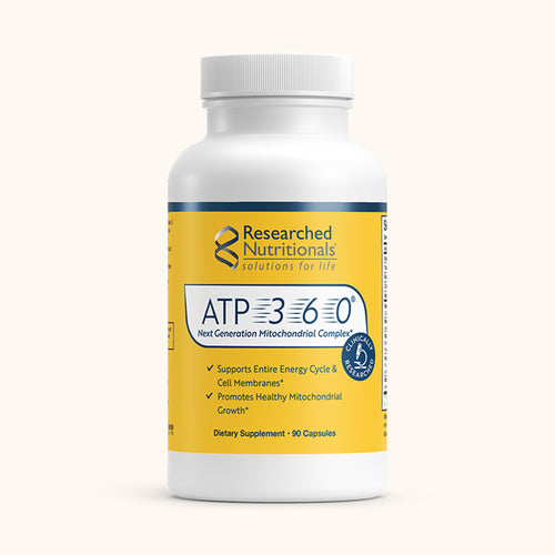 ATP 360 professional mitochondrial formula by Researched Nutritionals, a multi-nutrient stack designed for cellular energy repair and phospholipid membrane support