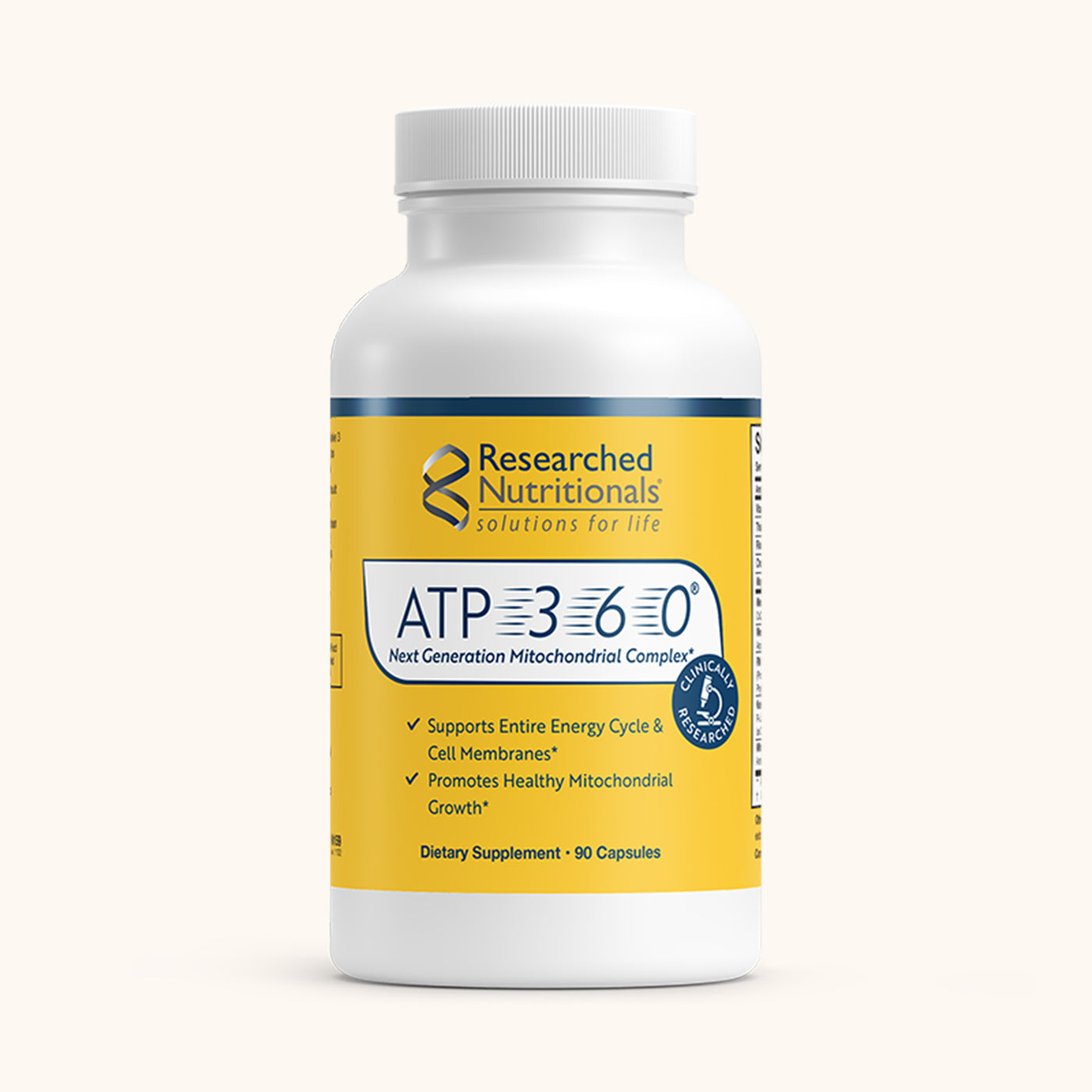 ATP 360 professional mitochondrial formula by Researched Nutritionals, a multi-nutrient stack designed for cellular energy repair and phospholipid membrane support