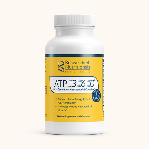 ATP 360 professional mitochondrial formula by Researched Nutritionals, a multi-nutrient stack designed for cellular energy repair and phospholipid membrane support