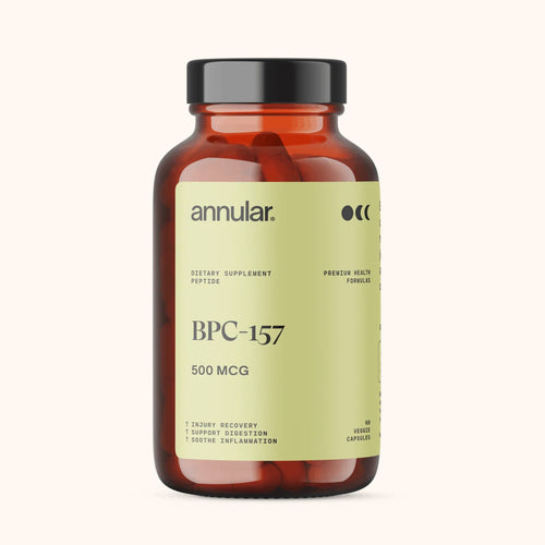 Annular BPC-157 Optimal 500 mcg capsules in acid-stable arginate salt form, a peptide supplement supporting gut lining integrity and connective tissue recovery. 60 Capsules.