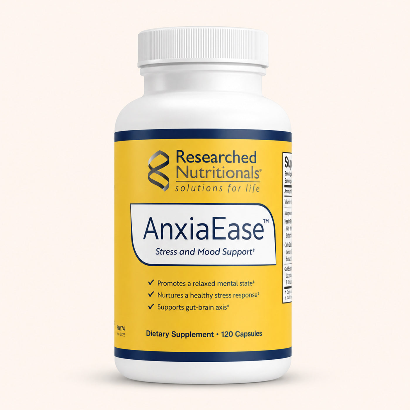 AnxiaEase 120-capsule bottle.Stress and mood support supplement by Researched Nutritionals.