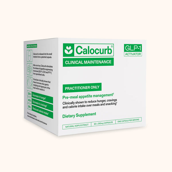 Calocurb Clinical Maintenance Pack box, a GLP-1 Activator dietary supplement with natural hops extract, practitioner-only, containing 60 x 250mg capsules, one capsule per serving.