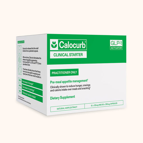 Calocurb Clinical Starter Pack box, a GLP-1 Activator dietary supplement with natural hops extract, practitioner-only, containing 10 x 125mg and 50 x 250mg capsules