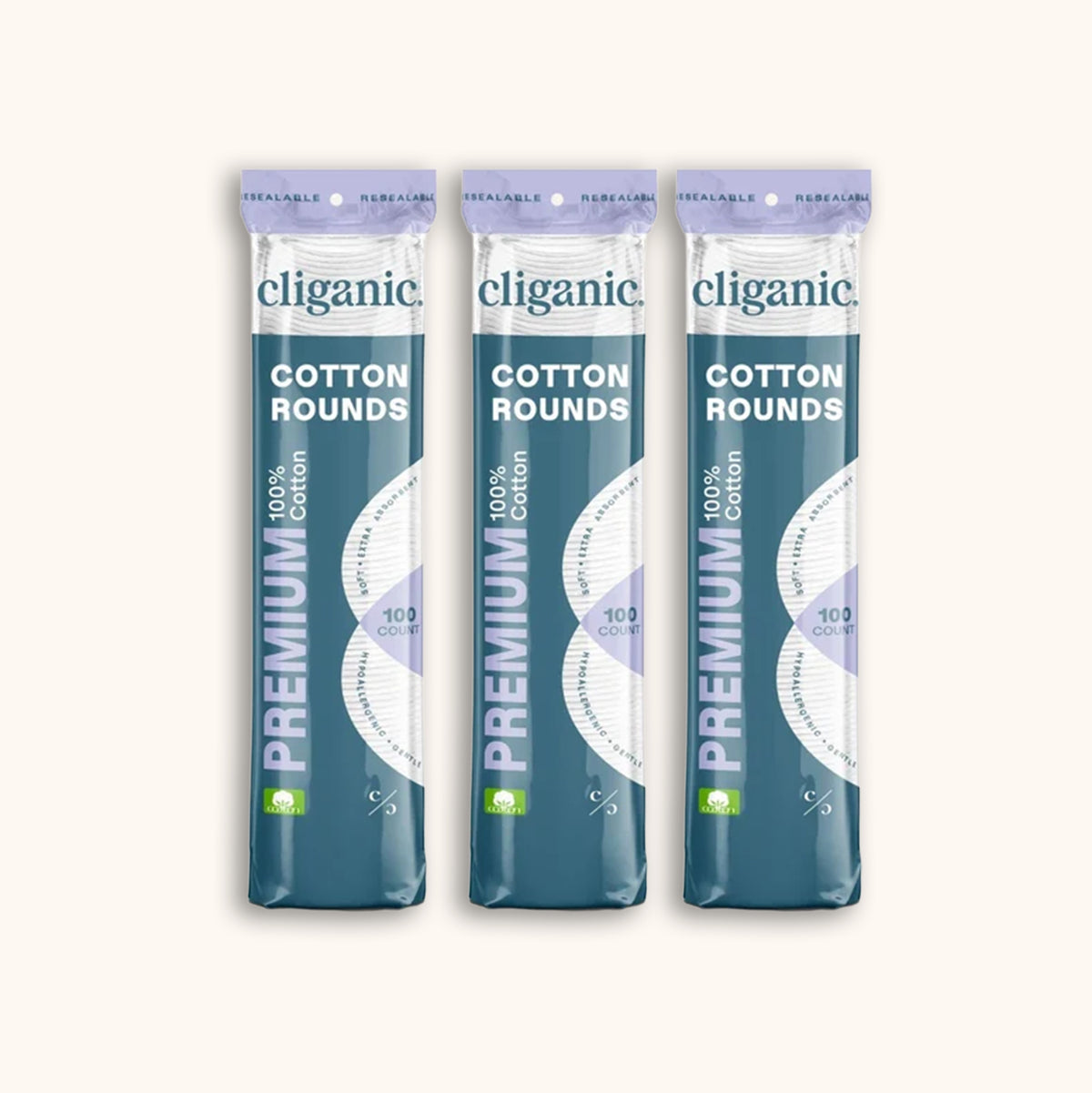 Cliganic Cotton - Premium Cotton Rounds, 3 Pack