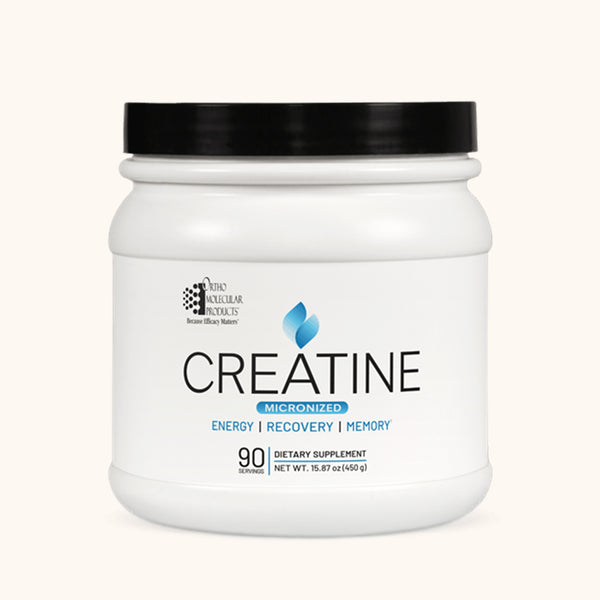 White container of Ortho Molecular creatine supplement with black lid on a white background.
