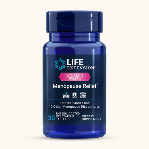 Life Extension Menopause Relief enteric-coated tablets with ERr 731 Siberian rhubarb extract, a hormone-free supplement supporting menopausal comfort. 30 Tablets.