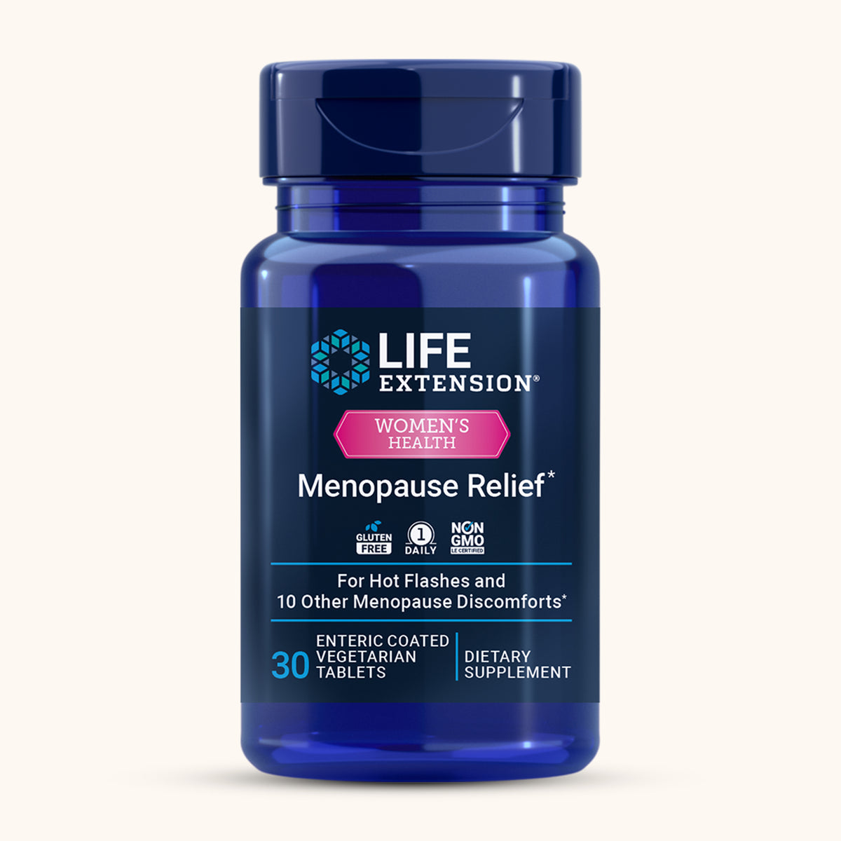 Life Extension Menopause Relief enteric-coated tablets with ERr 731 Siberian rhubarb extract, a hormone-free supplement supporting menopausal comfort. 30 Tablets.