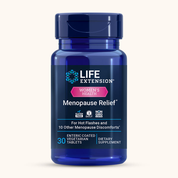 Life Extension Menopause Relief enteric-coated tablets with ERr 731 Siberian rhubarb extract, a hormone-free supplement supporting menopausal comfort. 30 Tablets.