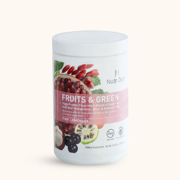 Pink Lemonade flavored NutriDyn Fruits & Greens 30-serving canister.

