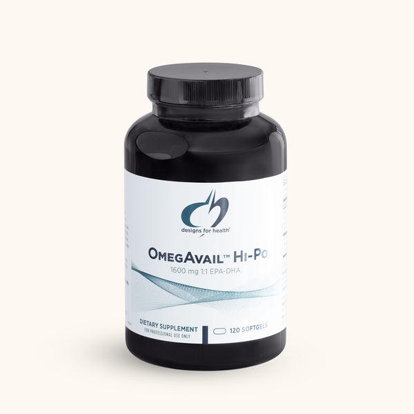 Designs for Health OmegAvail Hi-Po 1600mg. 1:1 EPA-DHA high-potency fish oil supplement. 120 softgels.