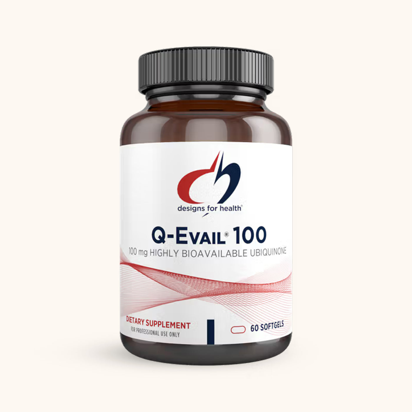 Designs for Health Q-Evail 100 softgels featuring Evail technology for high-potency CoQ10 mitochondrial support in a professional amber glass bottle.
