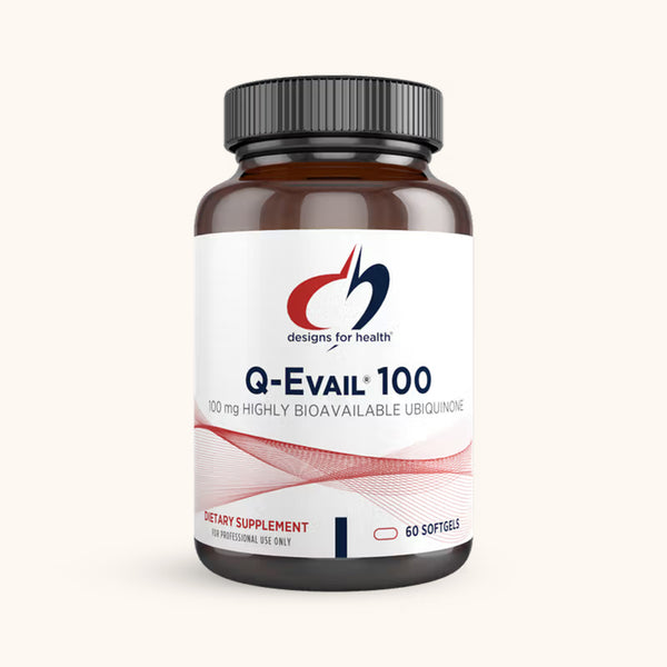 Designs for Health Q-Evail 100 softgels featuring Evail technology for high-potency CoQ10 mitochondrial support in a professional amber glass bottle.