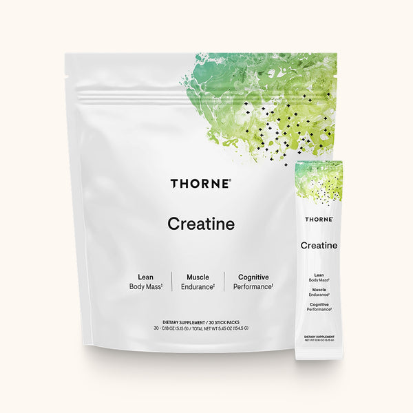 Thorne Creatine supplement package with green design on a white background. Stick packs.