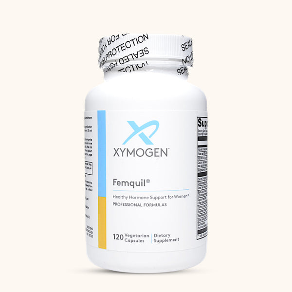 Xymogen Femquil vegetarian capsules with DIM, calcium D-glucarate, chaste tree, and black cohosh, supporting hormonal balance and healthy estrogen metabolism. 120 Capsules.
